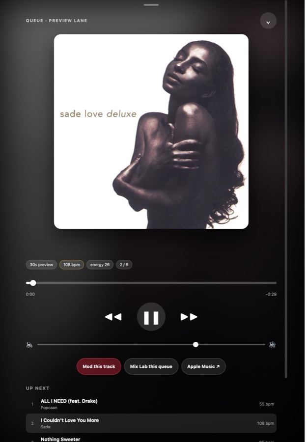 Music Intel on iPhone — full-screen Now Playing with tempo and crossfade controls