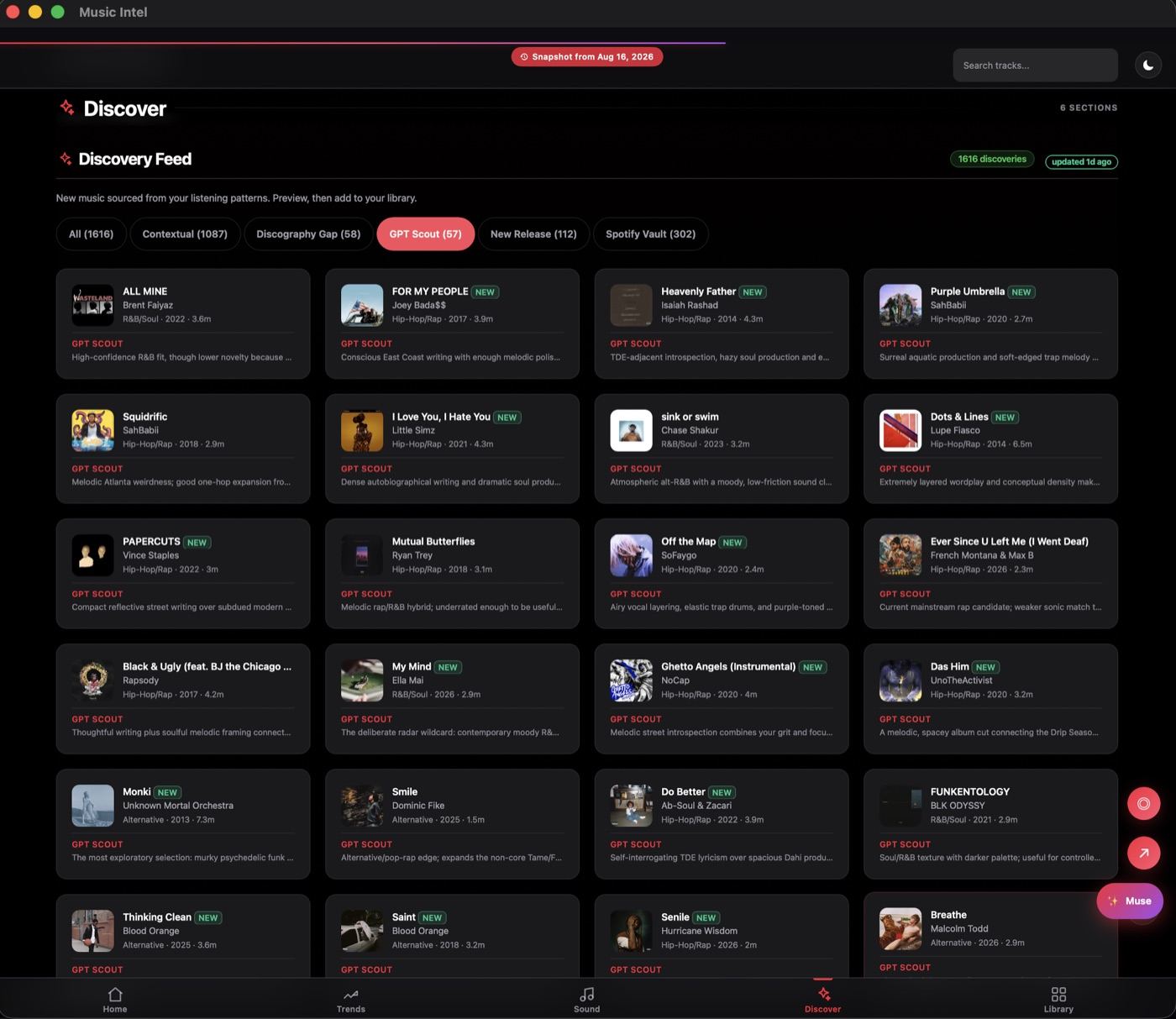 Music Intel running as an iOS app on a Mac, showing the 'Snapshot from Aug 16, 2026' offline banner over the discovery feed